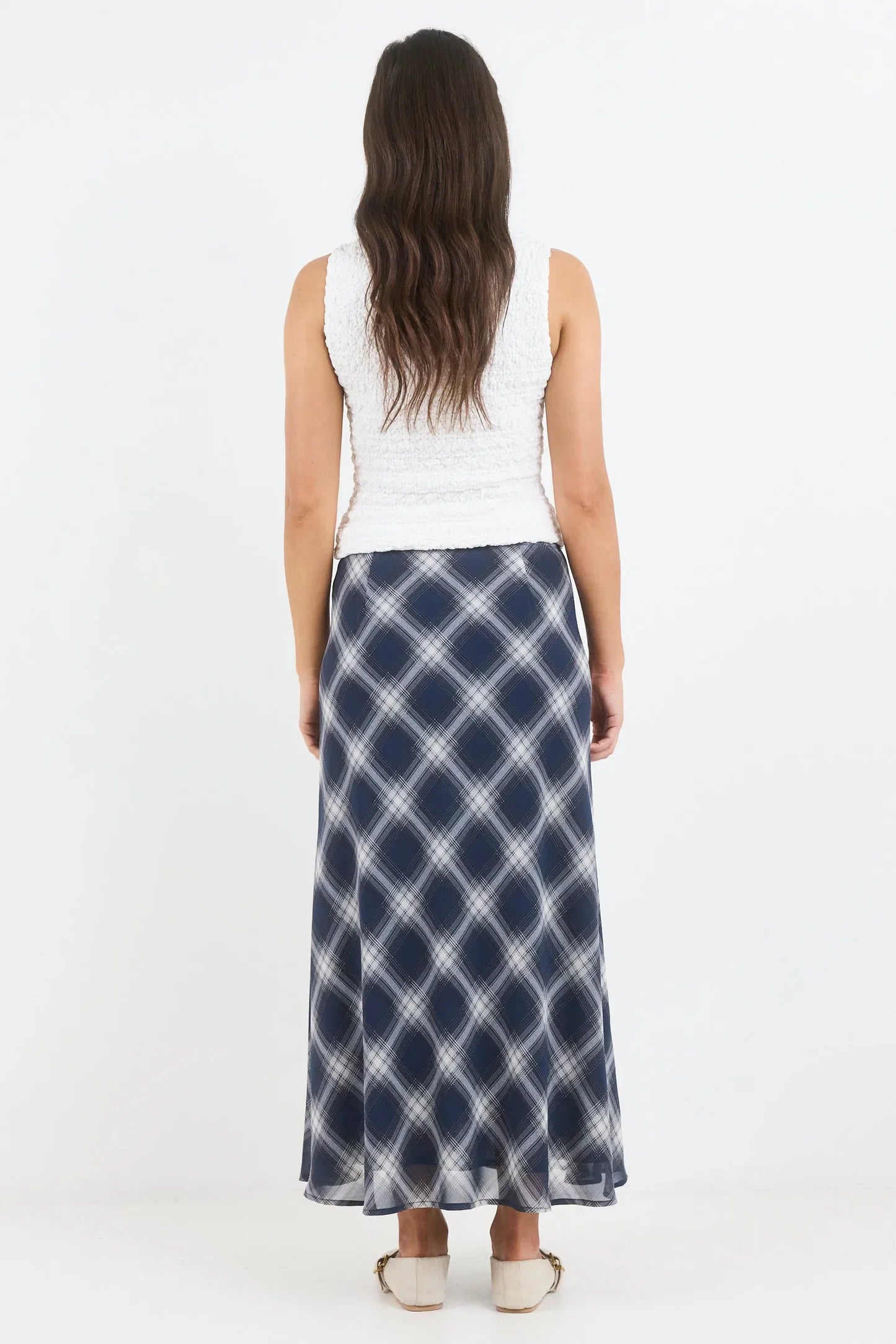 IVY + JACK DRIFTER NAVY CHECK CHIFFON TIE WAIST BIAS MAXI SKIRT - THE VOGUE STORE
