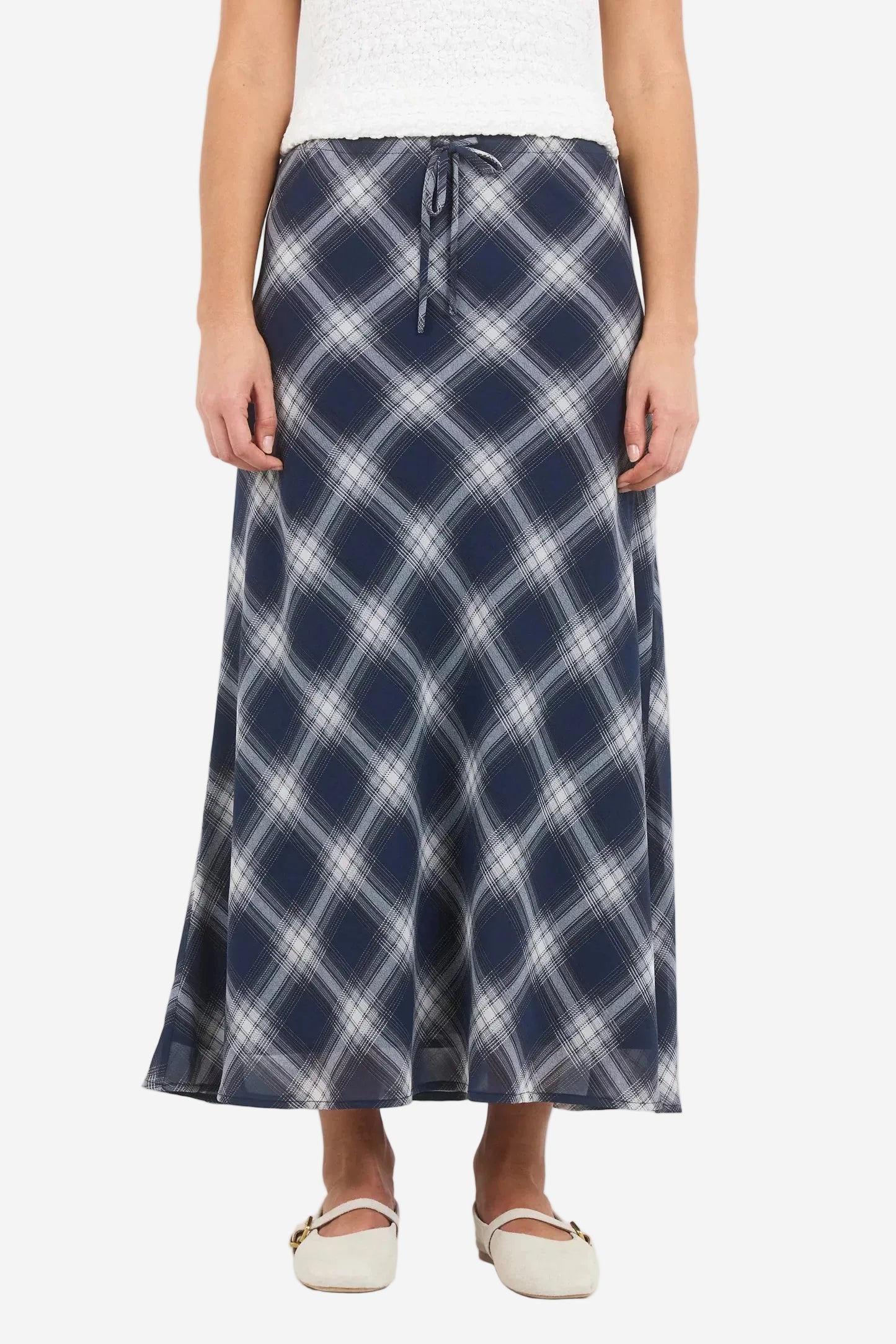 IVY + JACK DRIFTER NAVY CHECK CHIFFON TIE WAIST BIAS MAXI SKIRT - THE VOGUE STORE