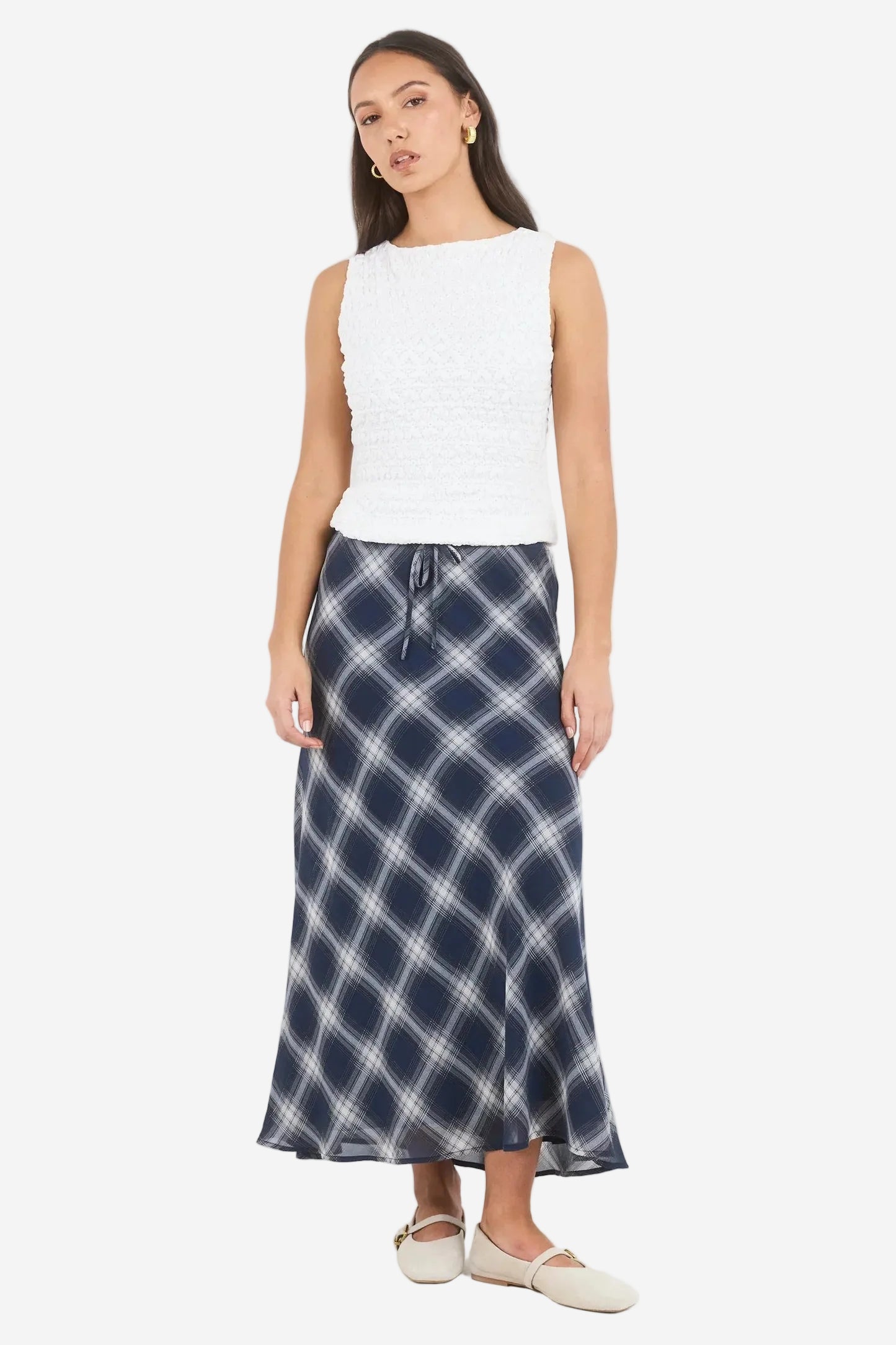 IVY + JACK DRIFTER NAVY CHECK CHIFFON TIE WAIST BIAS MAXI SKIRT - THE VOGUE STORE