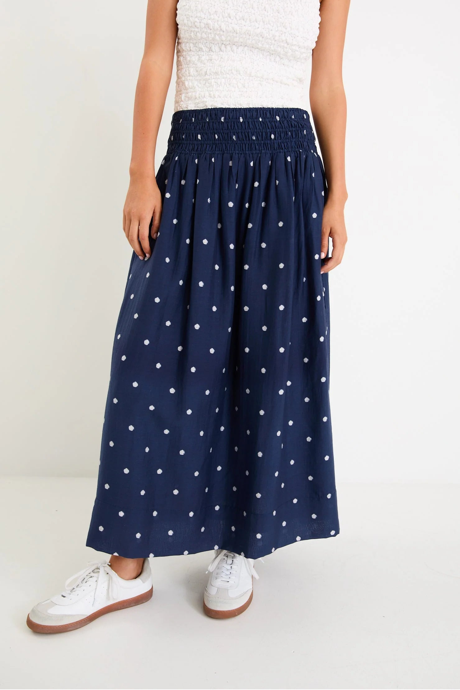 STORIES BE TOLD WANDERLUST NAVY POLKA DOT SHIRRED WAIST MAXI SKIRT - THE VOGUE STORE