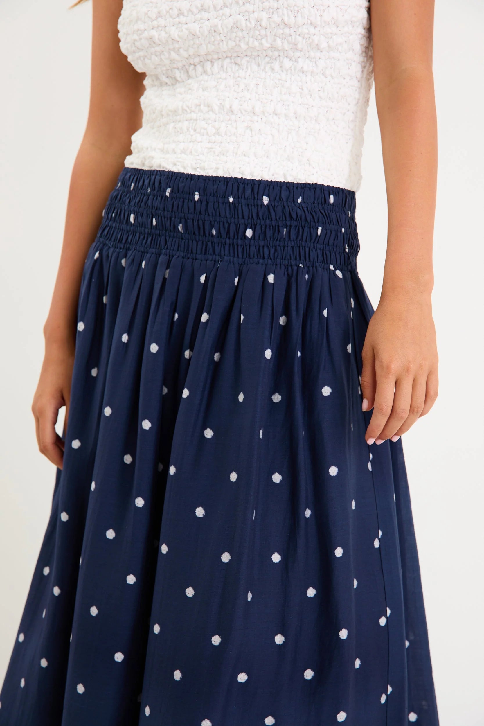 STORIES BE TOLD WANDERLUST NAVY POLKA DOT SHIRRED WAIST MAXI SKIRT - THE VOGUE STORE