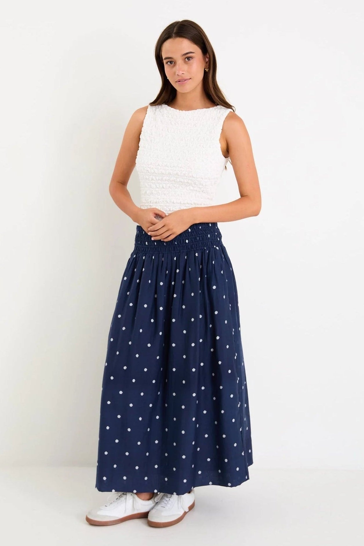 STORIES BE TOLD WANDERLUST NAVY POLKA DOT SHIRRED WAIST MAXI SKIRT - THE VOGUE STORE