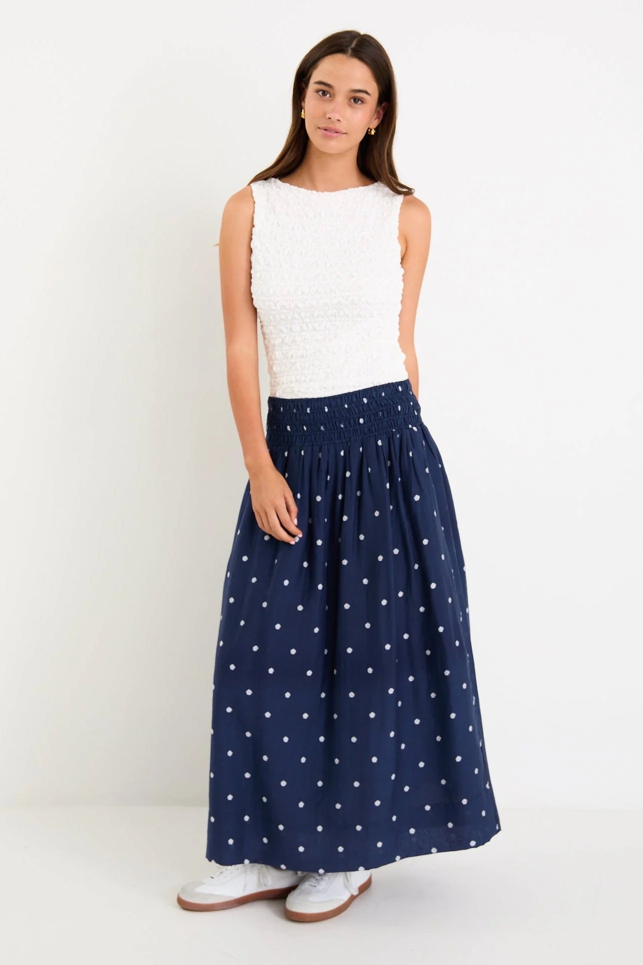 STORIES BE TOLD WANDERLUST NAVY POLKA DOT SHIRRED WAIST MAXI SKIRT - THE VOGUE STORE