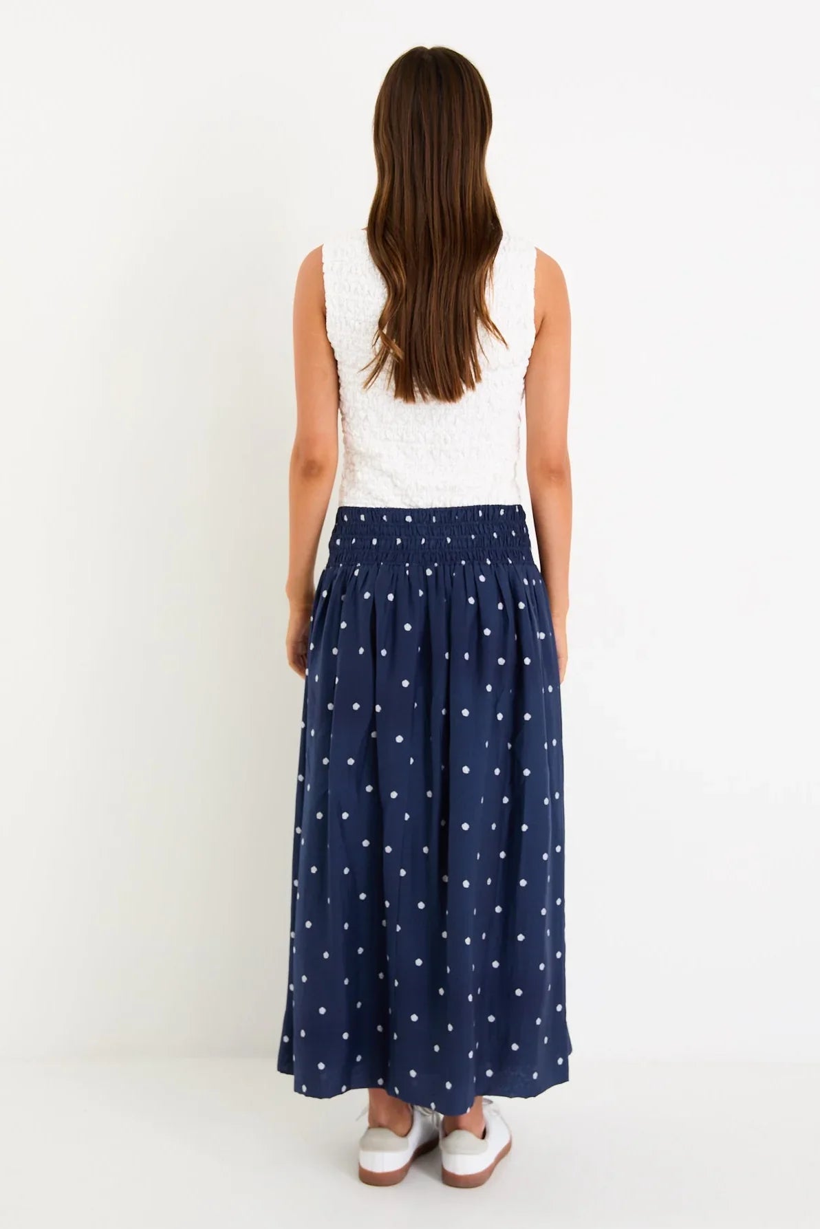 STORIES BE TOLD WANDERLUST NAVY POLKA DOT SHIRRED WAIST MAXI SKIRT - THE VOGUE STORE