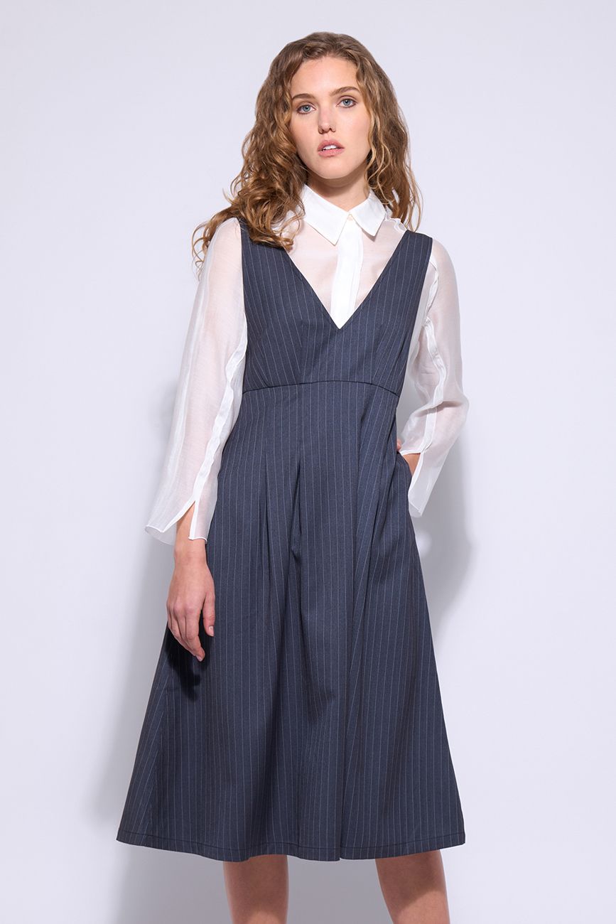 NERIS THE HEPBURN PINAFORE - STEEL STRIPE - THE VOGUE STORE