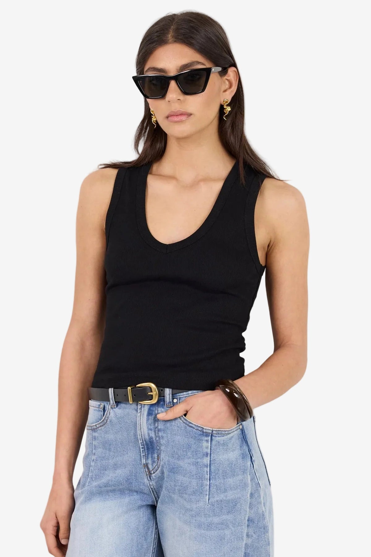 AMONG THE BRAVE VALE BLACK V NECK RIB TANK - THE VOGUE STORE