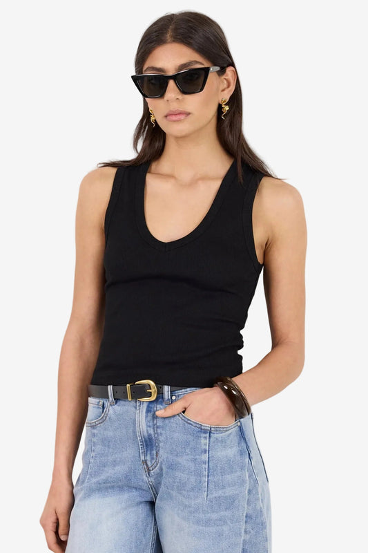 AMONG THE BRAVE VALE BLACK V NECK RIB TANK - THE VOGUE STORE