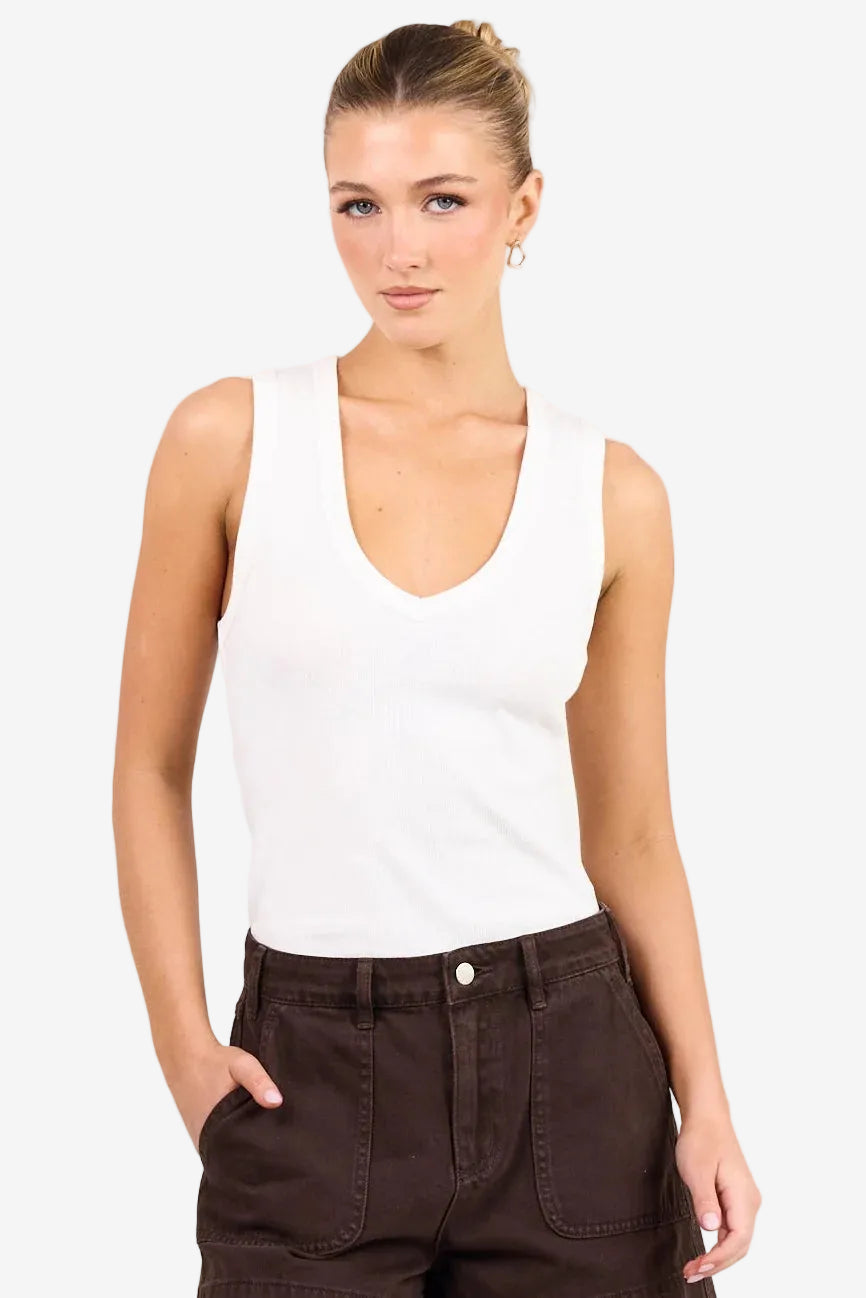 AMONG THE BRAVE VALE WHITE V NECK RIB TANK - THE VOGUE STORE