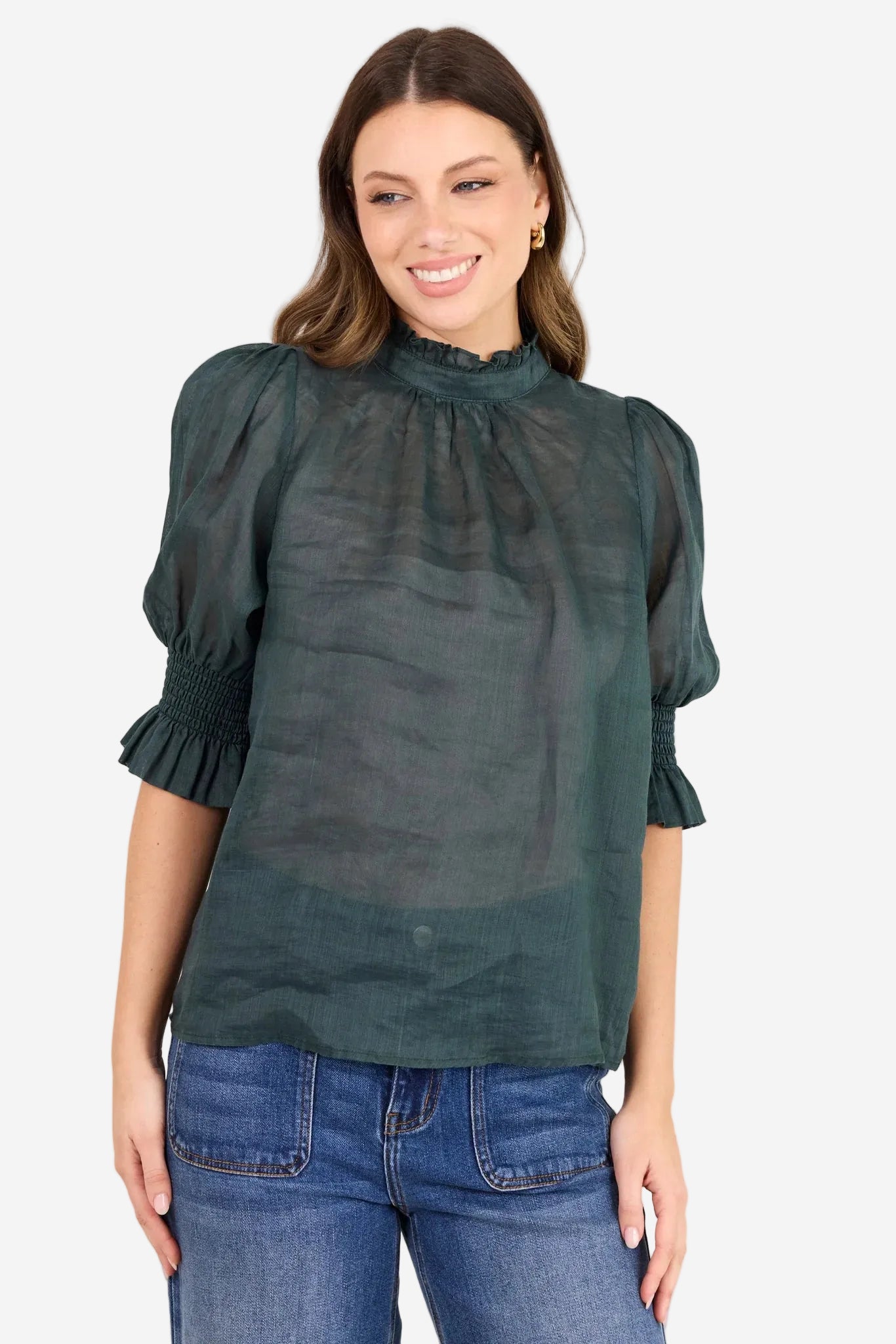 BY ROSA VERSE PETROL SHEER HIGH NECK SS TOP - THE VOGUE STORE