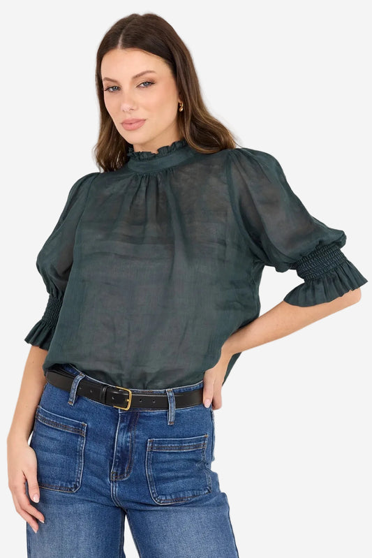 BY ROSA VERSE PETROL SHEER HIGH NECK SS TOP - THE VOGUE STORE