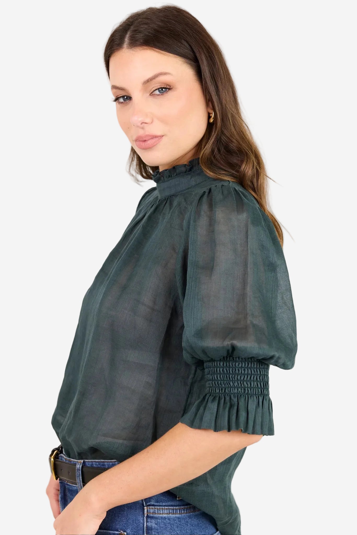 BY ROSA VERSE PETROL SHEER HIGH NECK SS TOP - THE VOGUE STORE