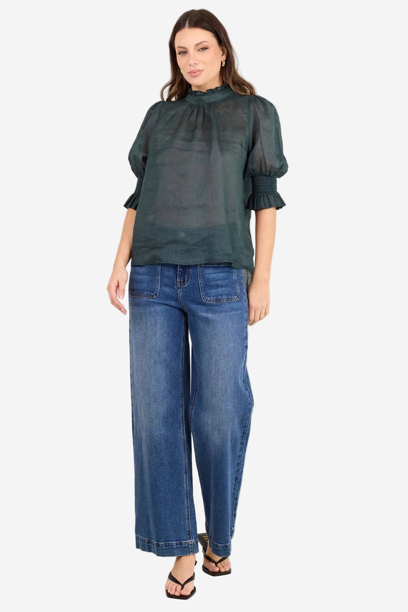 BY ROSA VERSE PETROL SHEER HIGH NECK SS TOP - THE VOGUE STORE