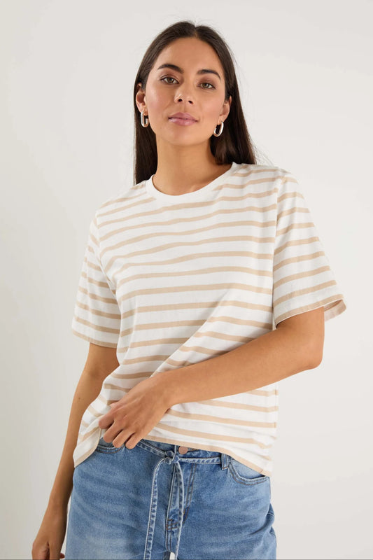 RE:UNION BINDING WHITE NATURAL STRIPE BOXY FIT TEE