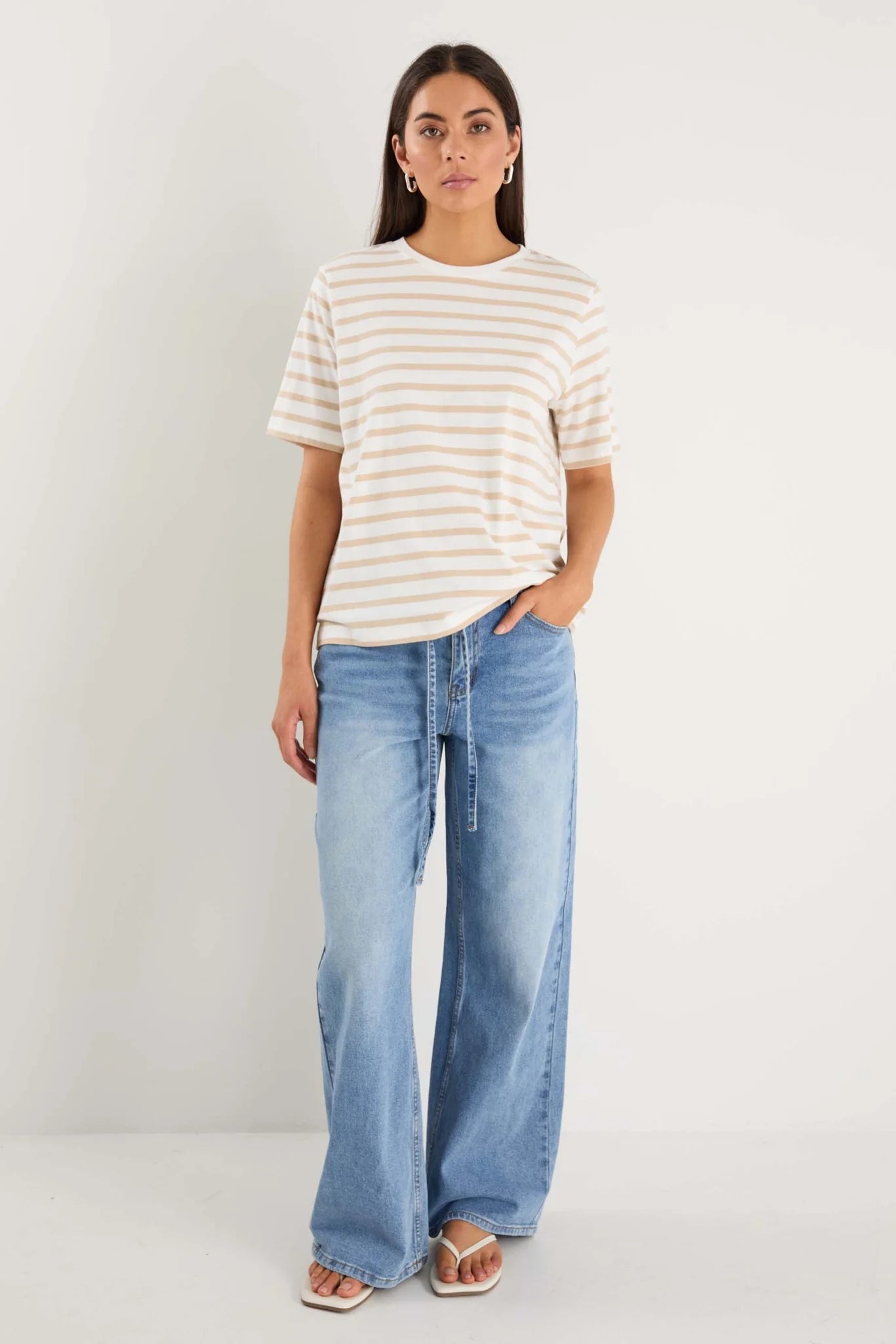 RE:UNION BINDING WHITE NATURAL STRIPE BOXY FIT TEE