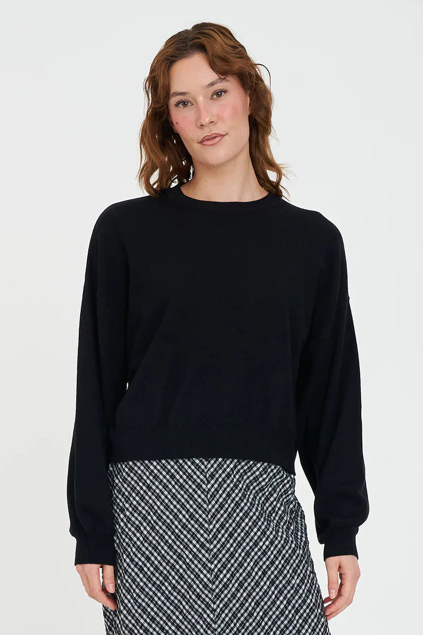 HUFFER MERINO BELLA CROP KNIT - BLACK - THE VOGUE STORE