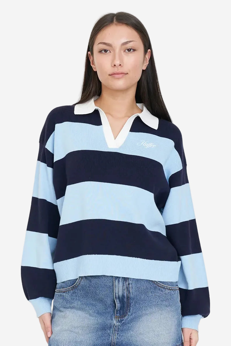 HUFFER SLOUCHY KNIT POLO BAY BLUE/NAVY - THE VOGUE STORE