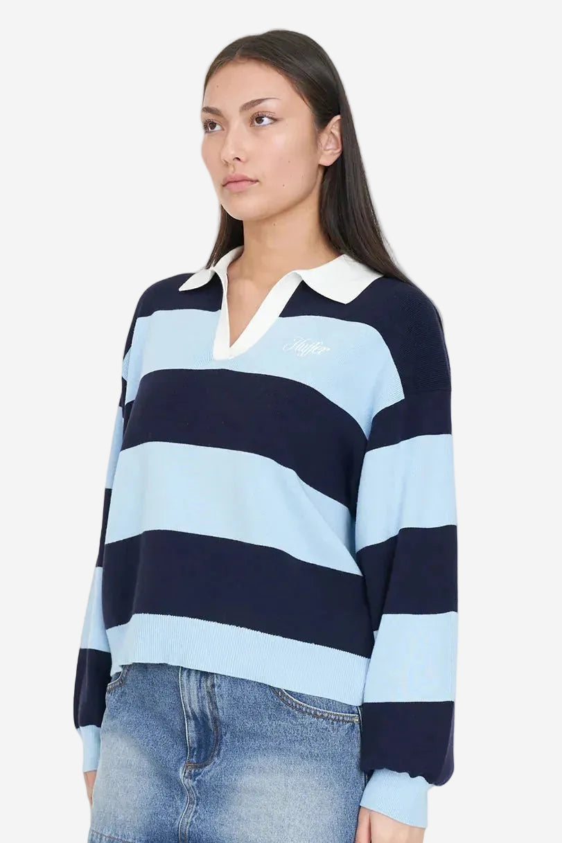 HUFFER SLOUCHY KNIT POLO BAY BLUE/NAVY - THE VOGUE STORE