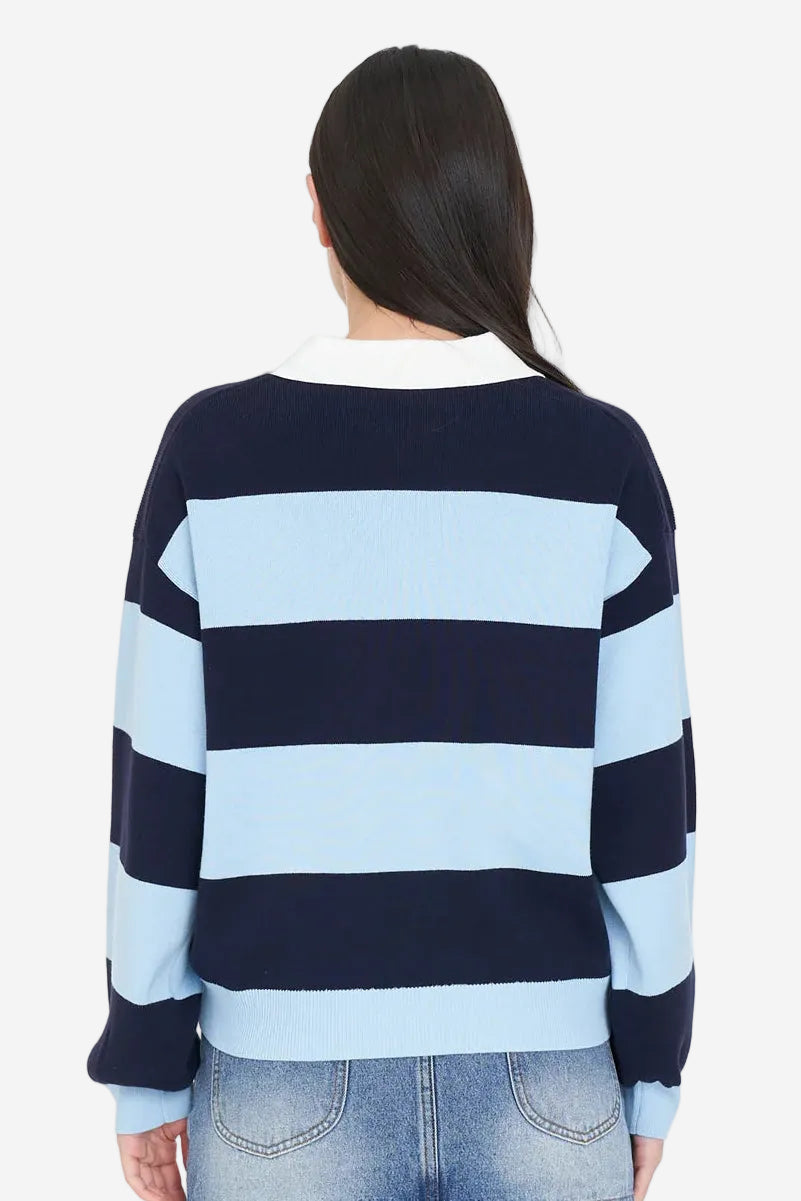 HUFFER SLOUCHY KNIT POLO BAY BLUE/NAVY - THE VOGUE STORE