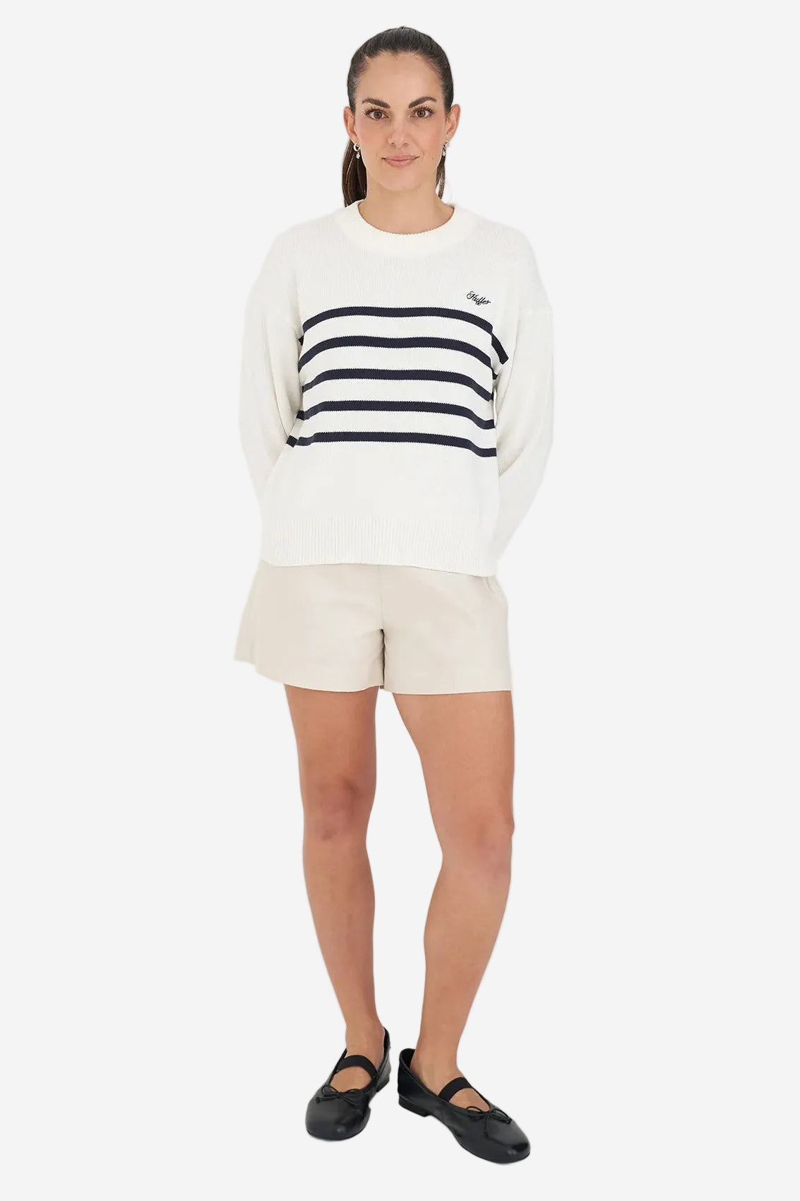 HUFFER CLASSIC KNIT CREW - CHALK/NAVY - THE VOGUE STORE