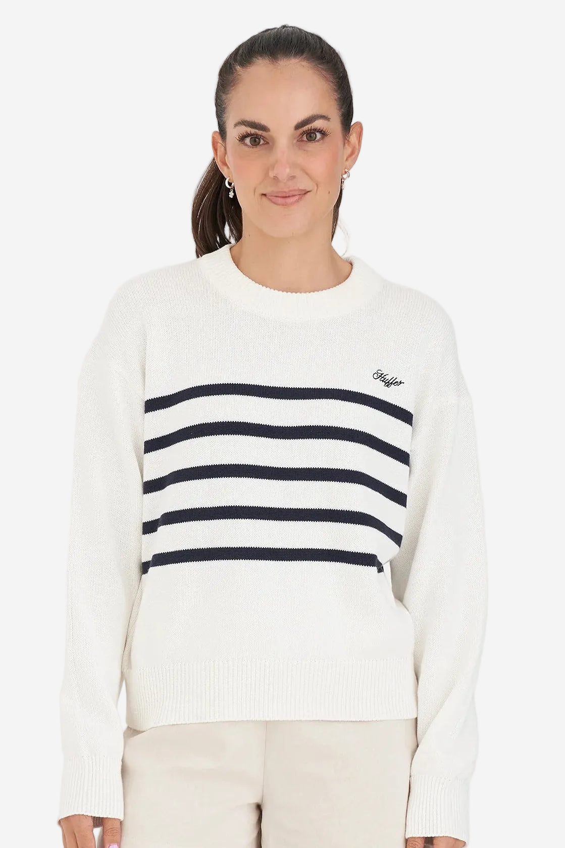 HUFFER CLASSIC KNIT CREW - CHALK/NAVY - THE VOGUE STORE