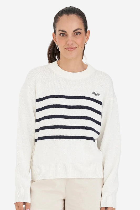 HUFFER CLASSIC KNIT CREW - CHALK/NAVY - THE VOGUE STORE