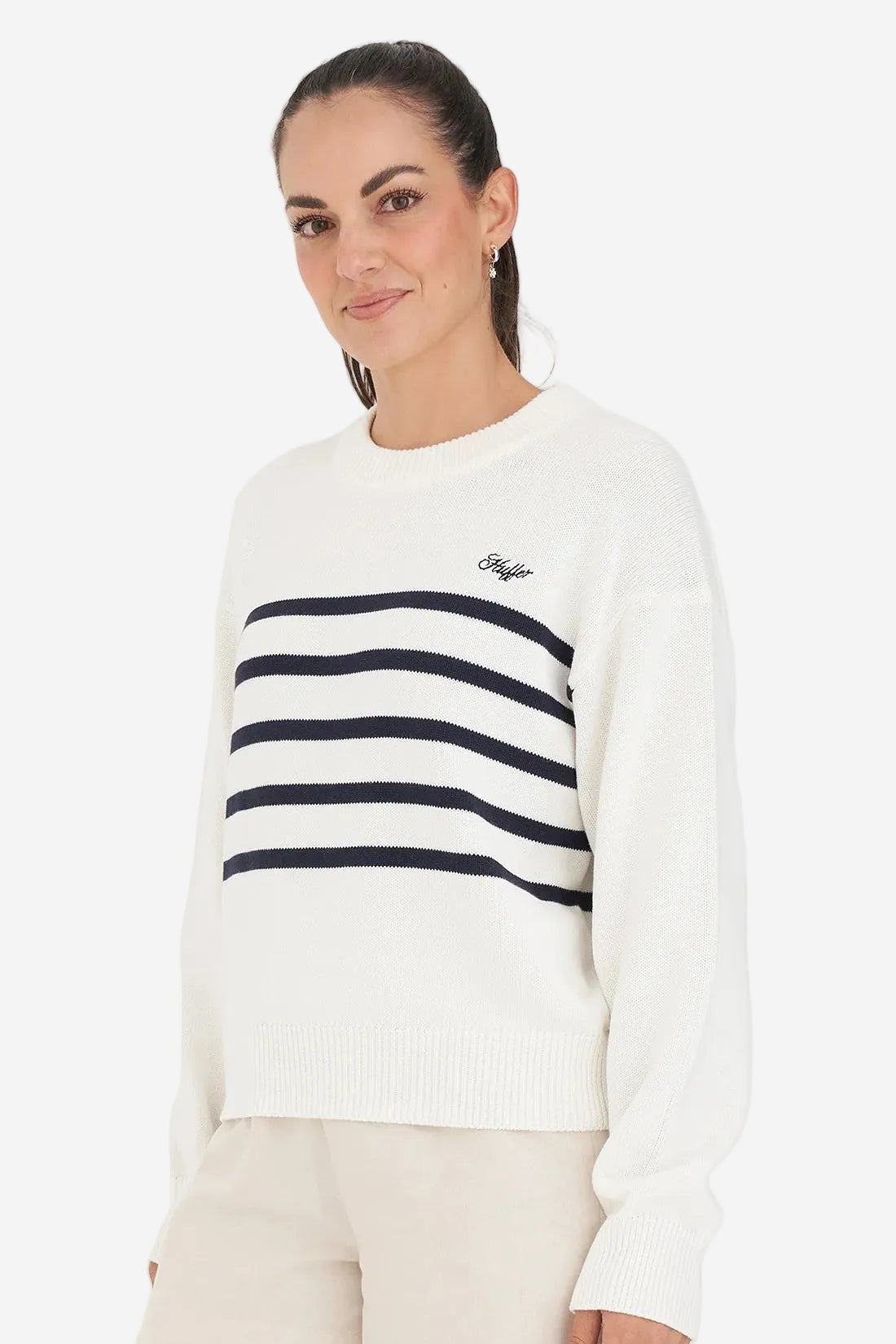 HUFFER CLASSIC KNIT CREW - CHALK/NAVY - THE VOGUE STORE