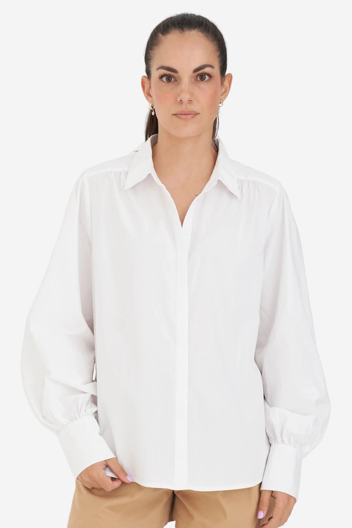HUFFER CLASSIC BILLOWY SLEEVE SHIRT - WHITE - THE VOGUE STORE