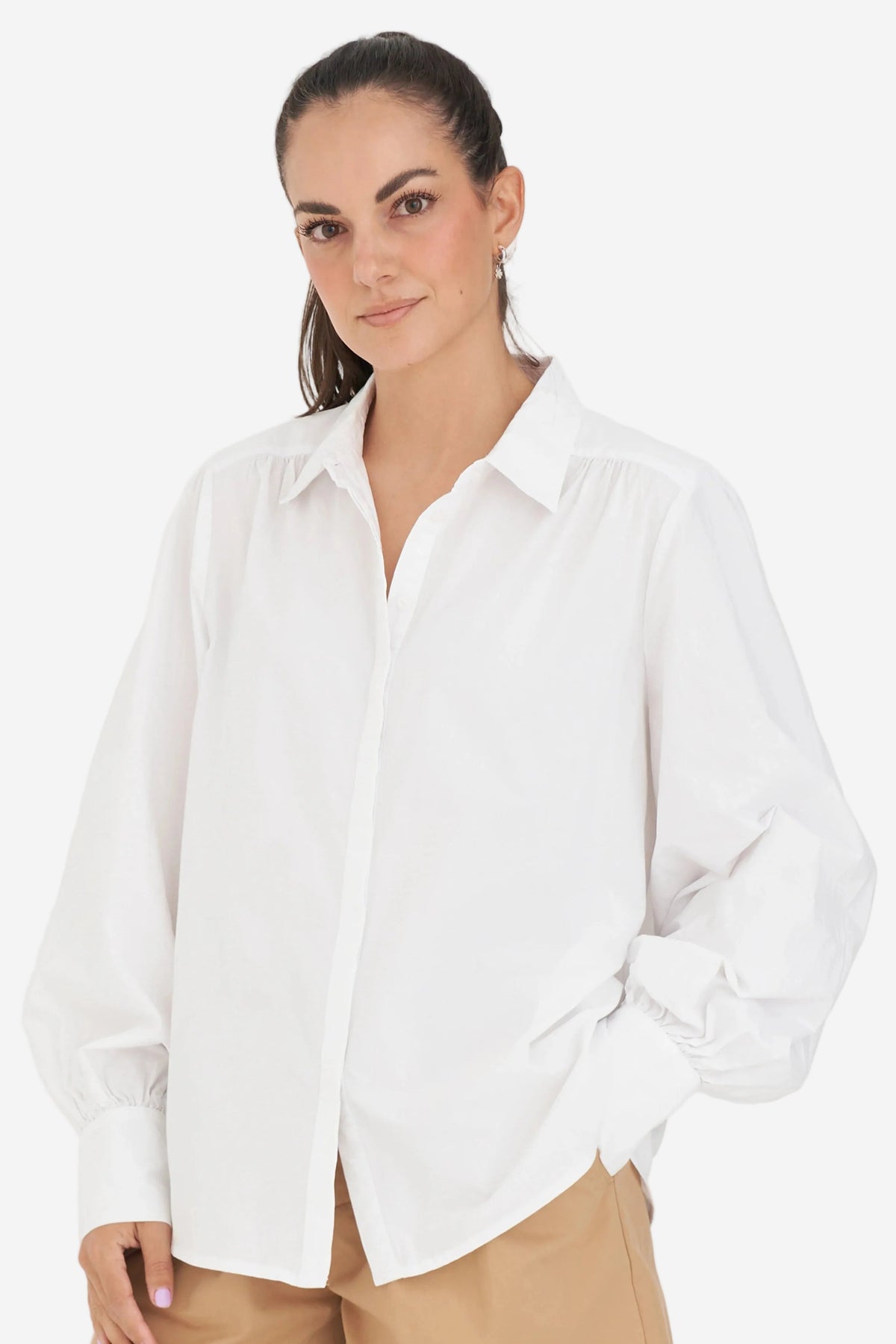 HUFFER CLASSIC BILLOWY SLEEVE SHIRT - WHITE - THE VOGUE STORE