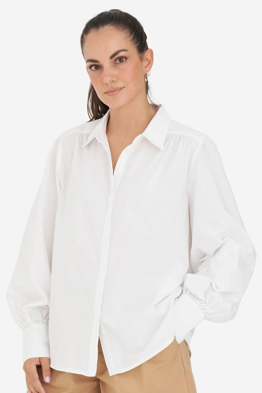 HUFFER CLASSIC BILLOWY SLEEVE SHIRT - WHITE - THE VOGUE STORE