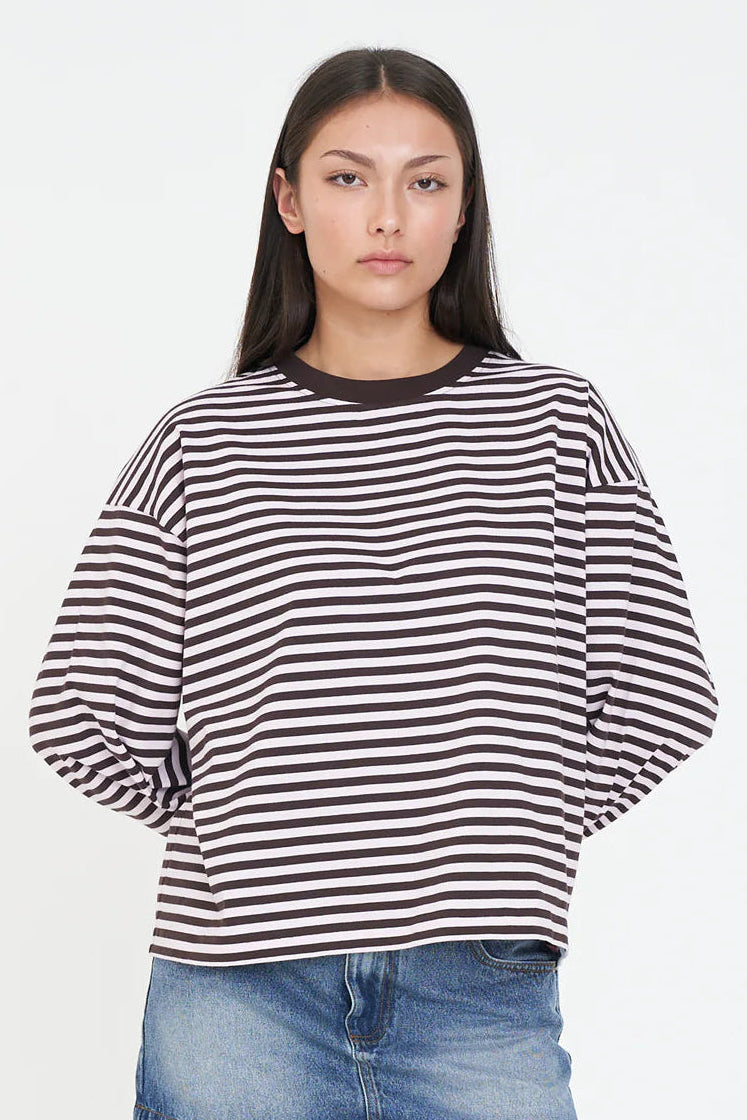 HUFFER ALEX STRIPE BILLIE LS TEE - PETAL/COCOA - THE VOGUE STORE