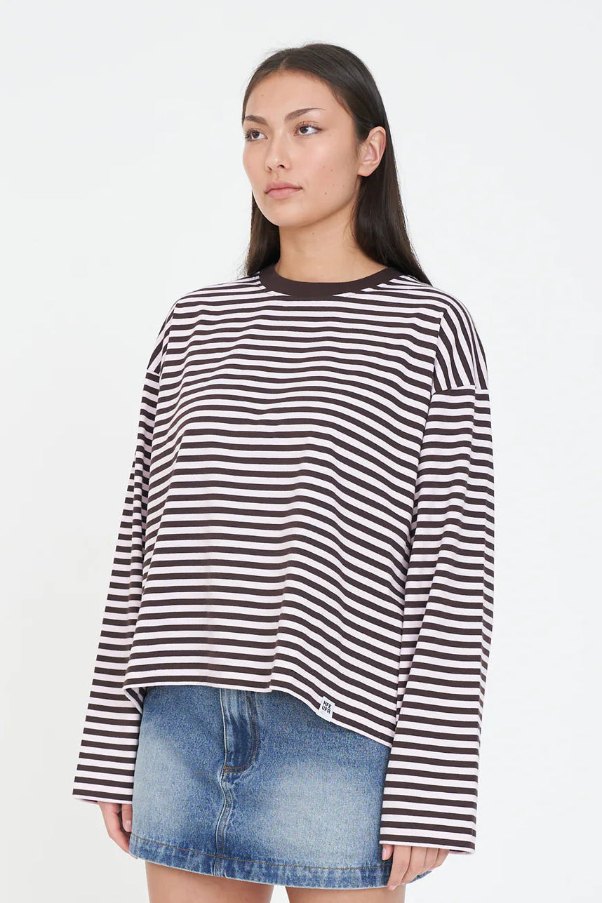 HUFFER ALEX STRIPE BILLIE LS TEE - PETAL/COCOA - THE VOGUE STORE