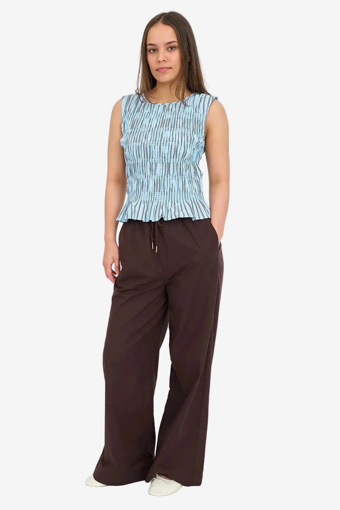 HUFFER STRIPE BRIDGET SHIRRED TOP - BAY BLUE - THE VOGUE STORE