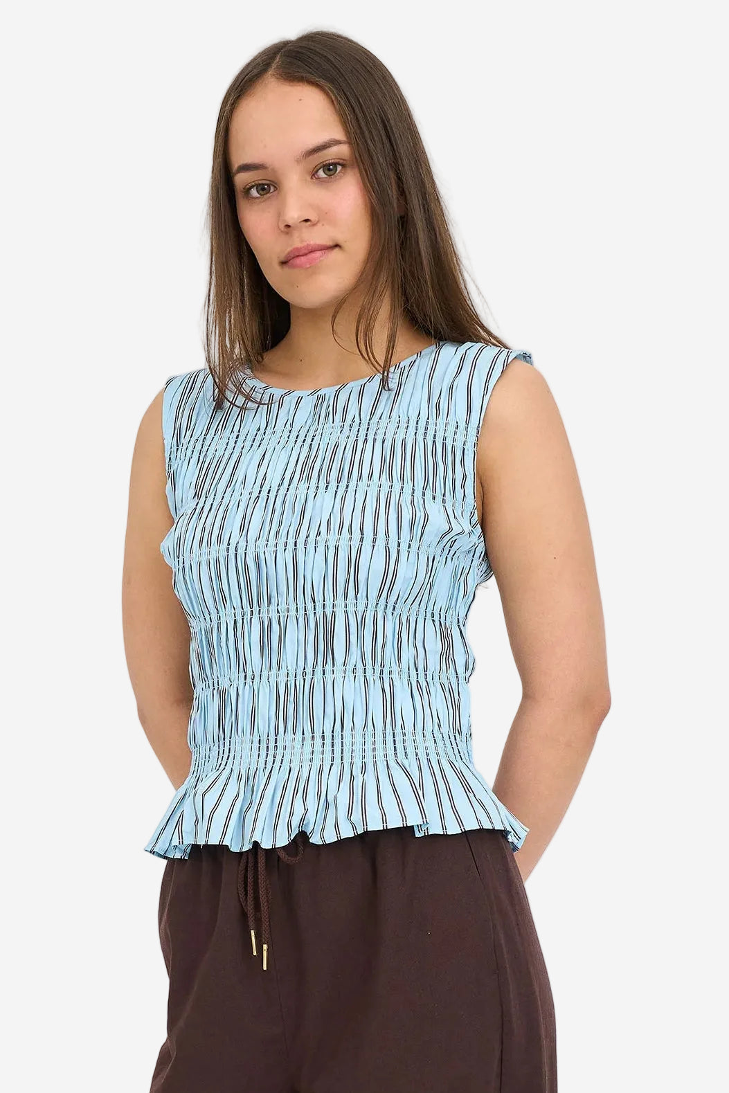 HUFFER STRIPE BRIDGET SHIRRED TOP - BAY BLUE - THE VOGUE STORE