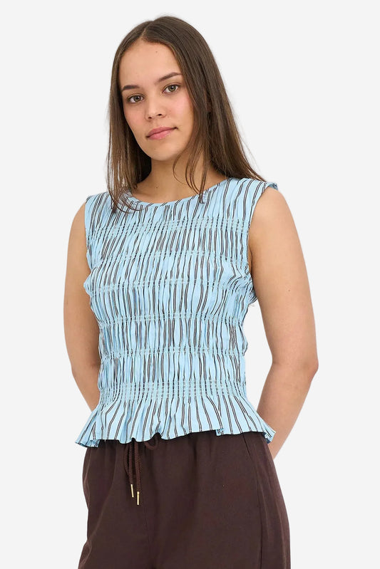 HUFFER STRIPE BRIDGET SHIRRED TOP - BAY BLUE - THE VOGUE STORE