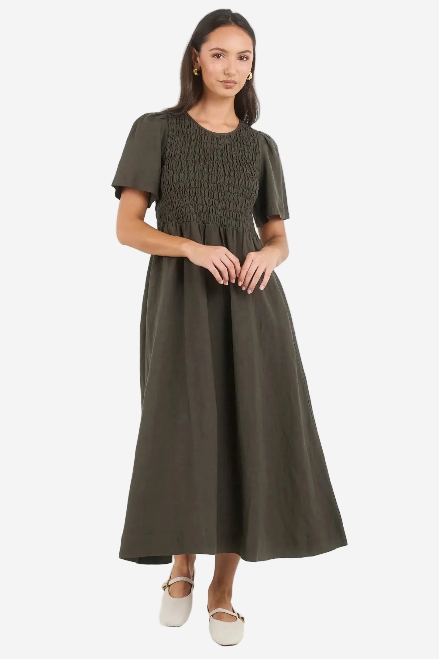 RE:UNION WREN DARK OLIVE GREEN LINEN BLEND MIDI DRESS - THE VOGUE STORE