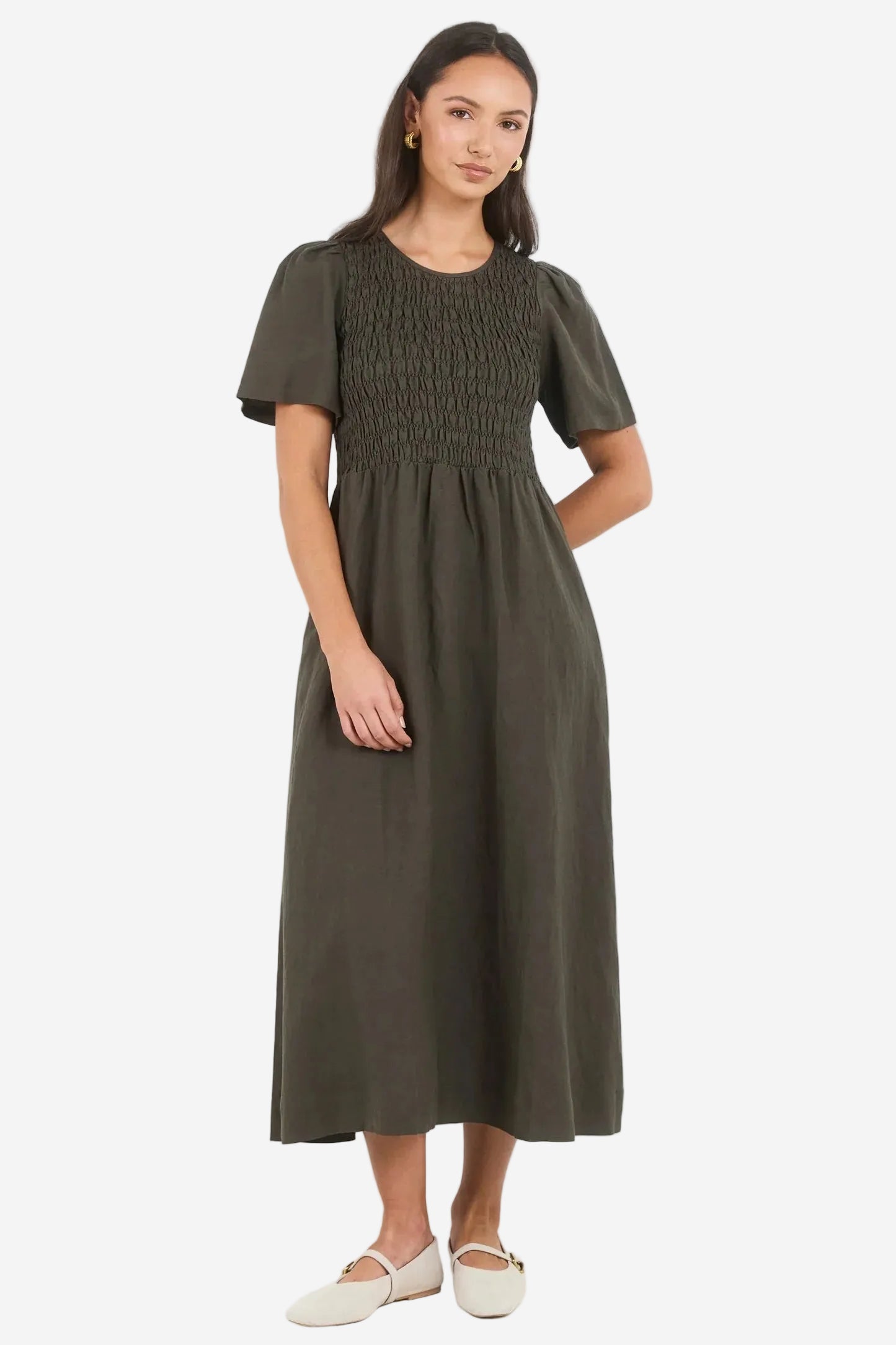 RE:UNION WREN DARK OLIVE GREEN LINEN BLEND MIDI DRESS - THE VOGUE STORE