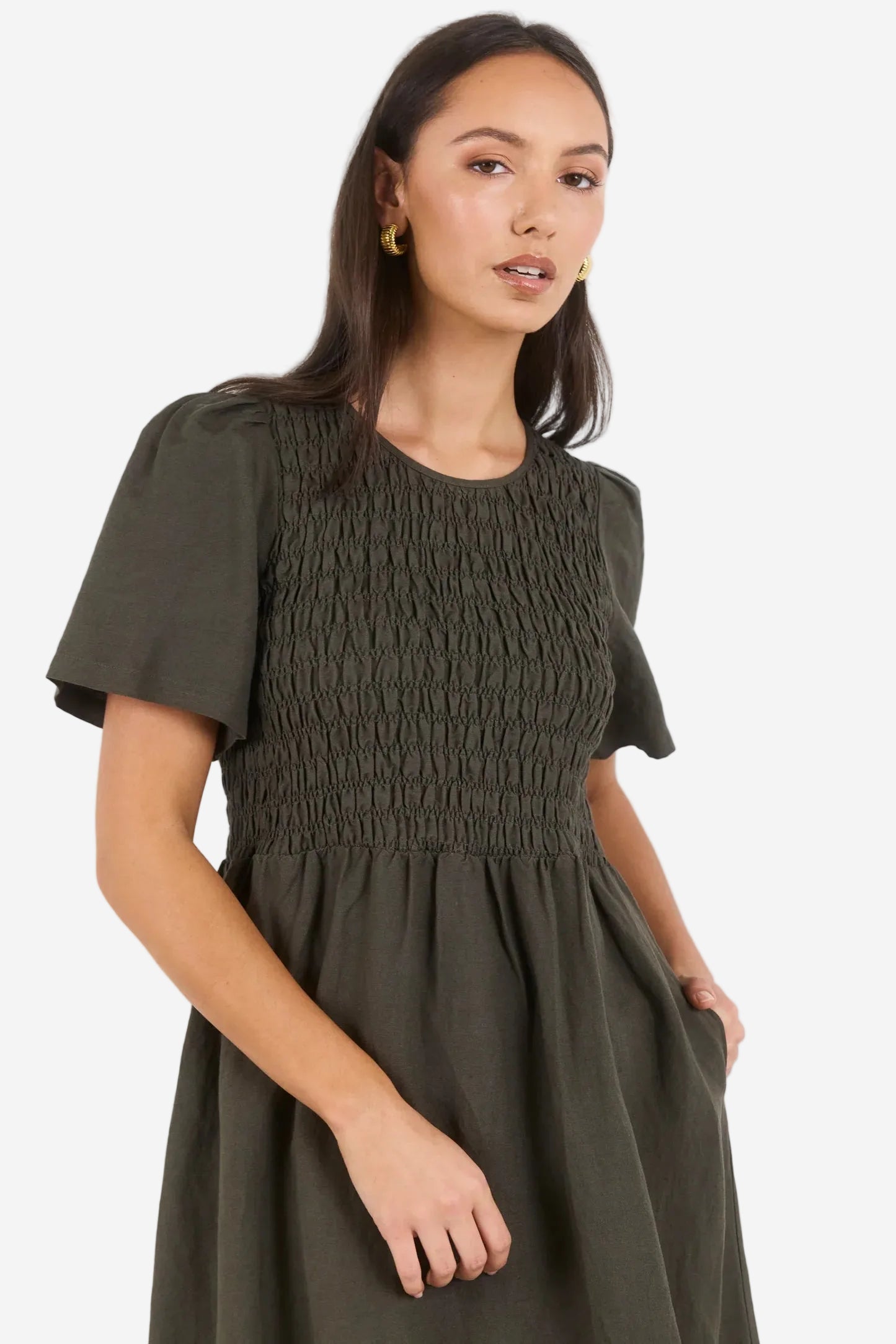 RE:UNION WREN DARK OLIVE GREEN LINEN BLEND MIDI DRESS - THE VOGUE STORE