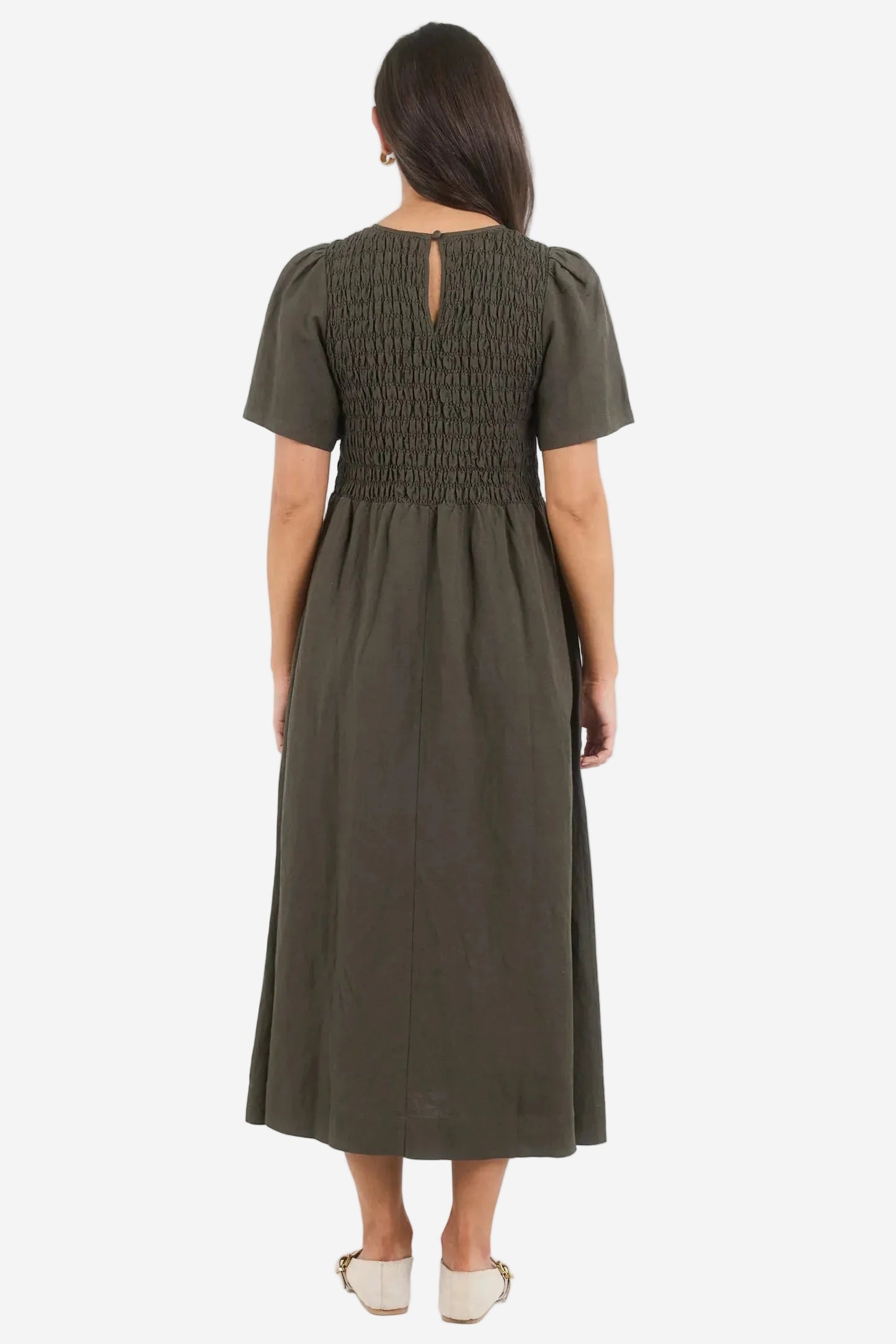 RE:UNION WREN DARK OLIVE GREEN LINEN BLEND MIDI DRESS - THE VOGUE STORE