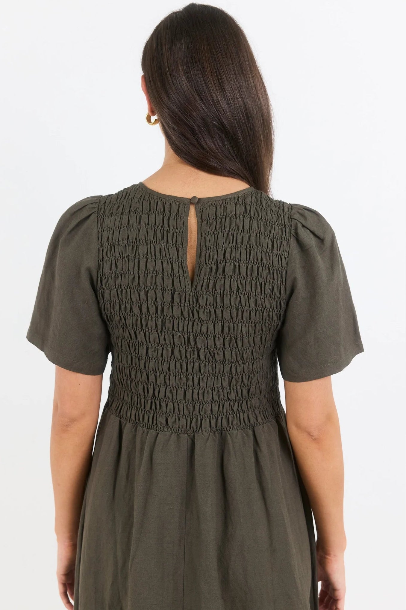 RE:UNION WREN DARK OLIVE GREEN LINEN BLEND MIDI DRESS - THE VOGUE STORE