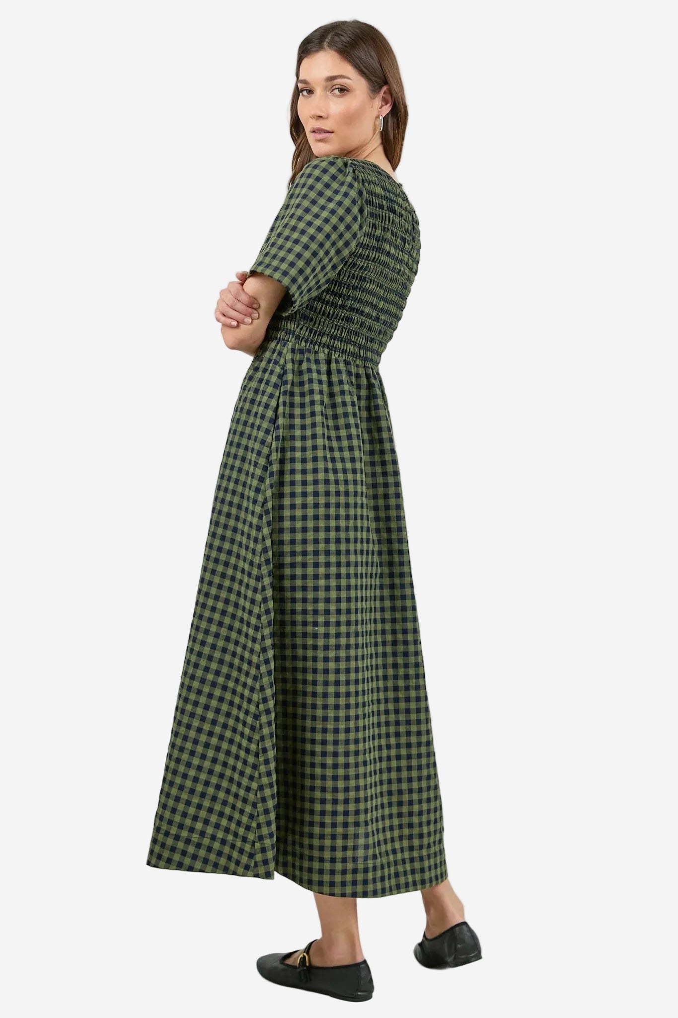 RE:UNION WREN KHAKI INK GINGHAM SS SHIRRED BODICE MIDI DRESS - THE VOGUE STORE