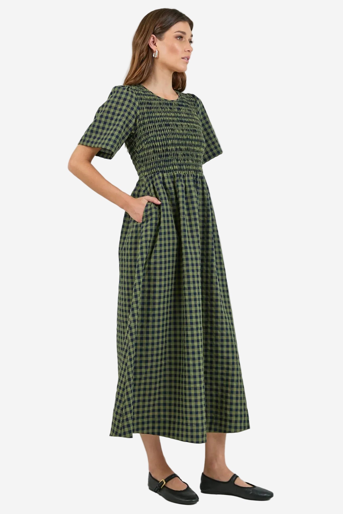 RE:UNION WREN KHAKI INK GINGHAM SS SHIRRED BODICE MIDI DRESS - THE VOGUE STORE