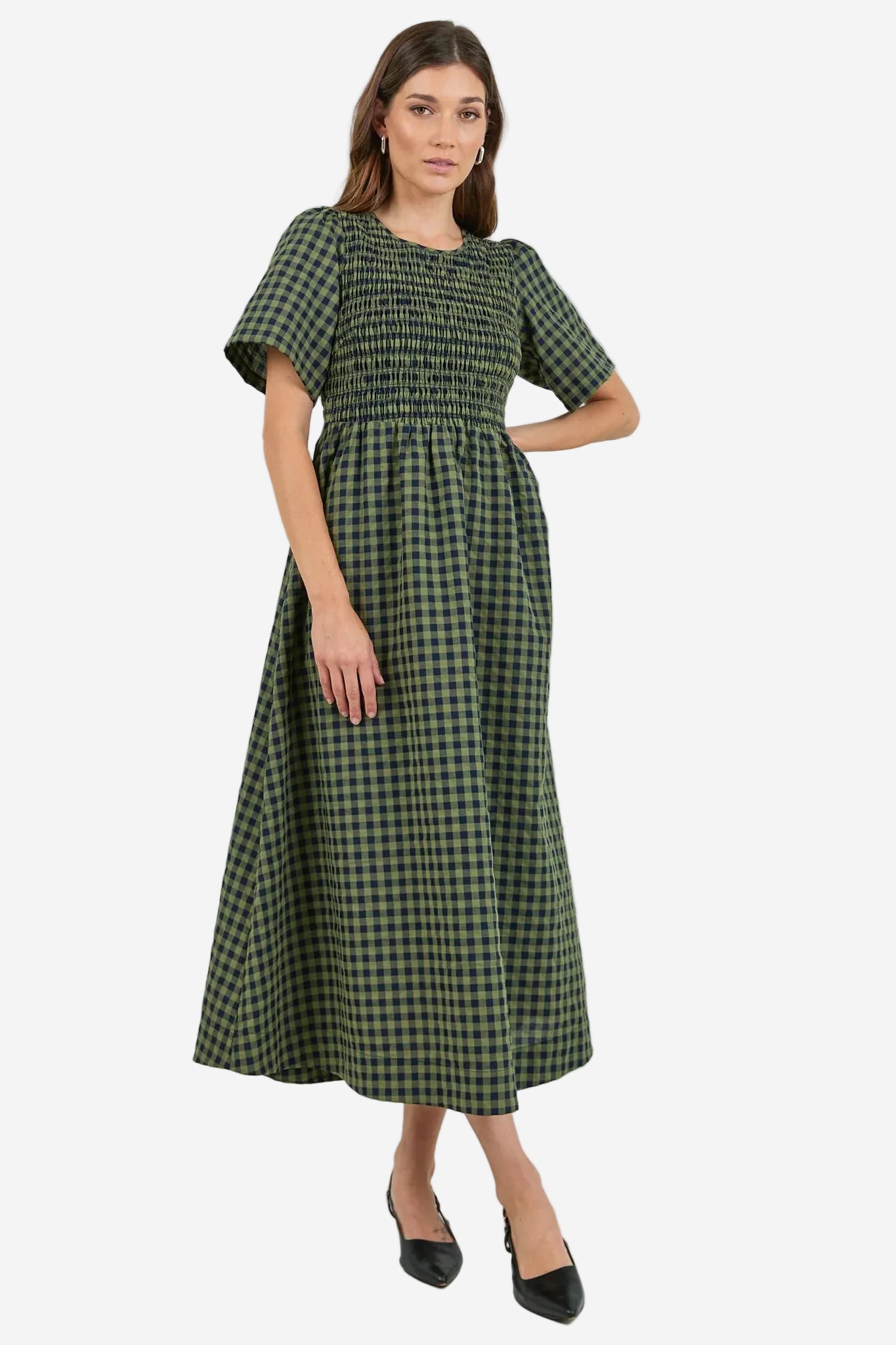 RE:UNION WREN KHAKI INK GINGHAM SS SHIRRED BODICE MIDI DRESS - THE VOGUE STORE