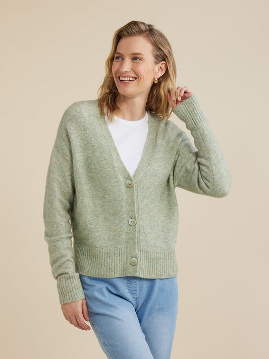 YARRA TRAIL 3 BUTTON CARDI - GREEN MIST MARLE - THE VOGUE STORE
