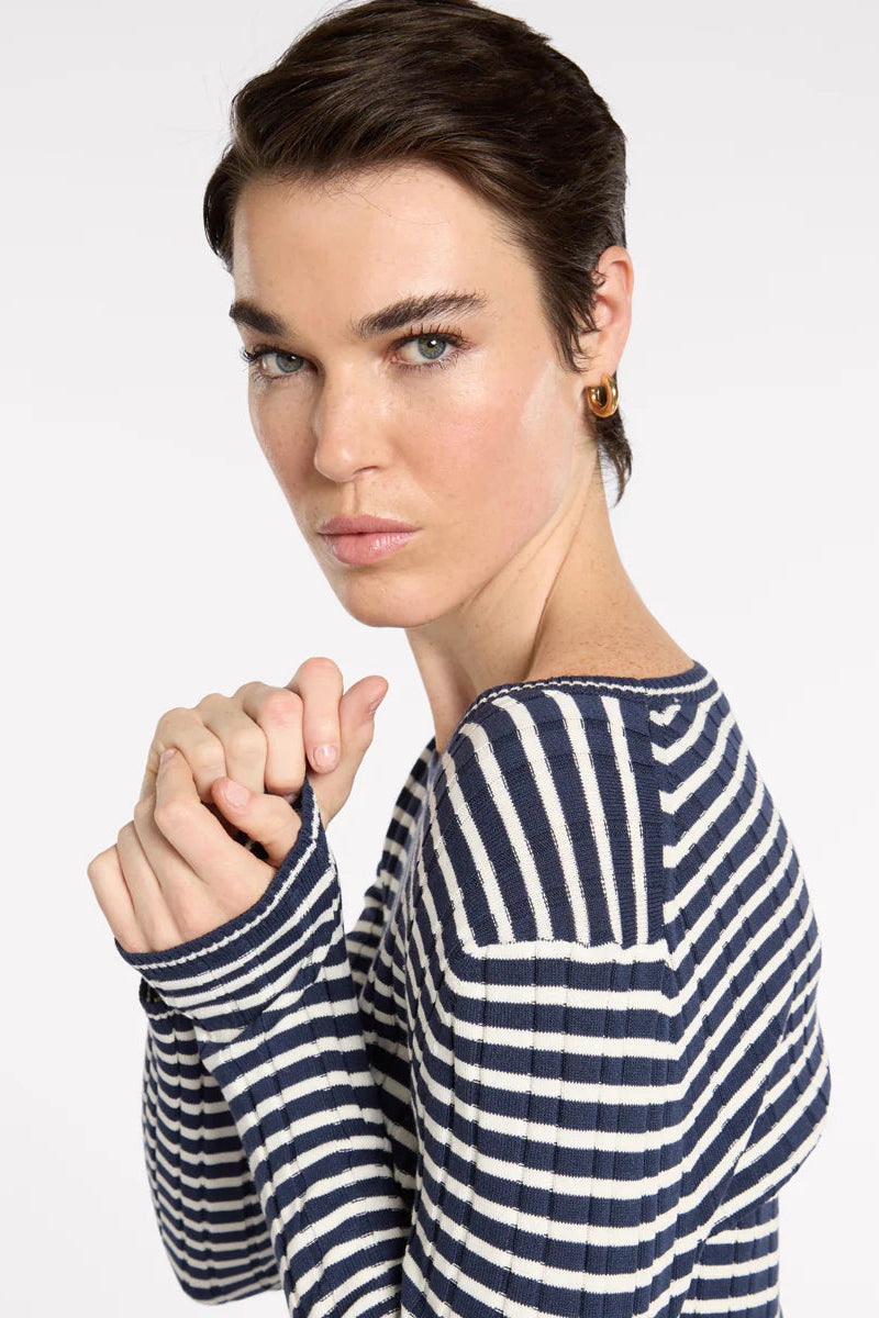 MARCO POLO FINE STRIPE RIB KNIT - NAVY/IVORY - THE VOGUE STORE