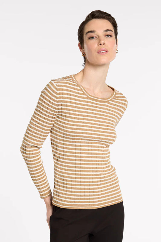 MARCO POLO FINE STRIPE RIB KNIT - TAN/IVORY - THE VOGUE STORE
