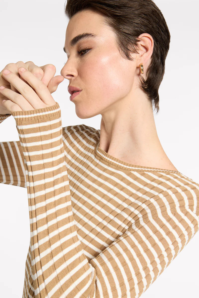 MARCO POLO FINE STRIPE RIB KNIT - TAN/IVORY - THE VOGUE STORE