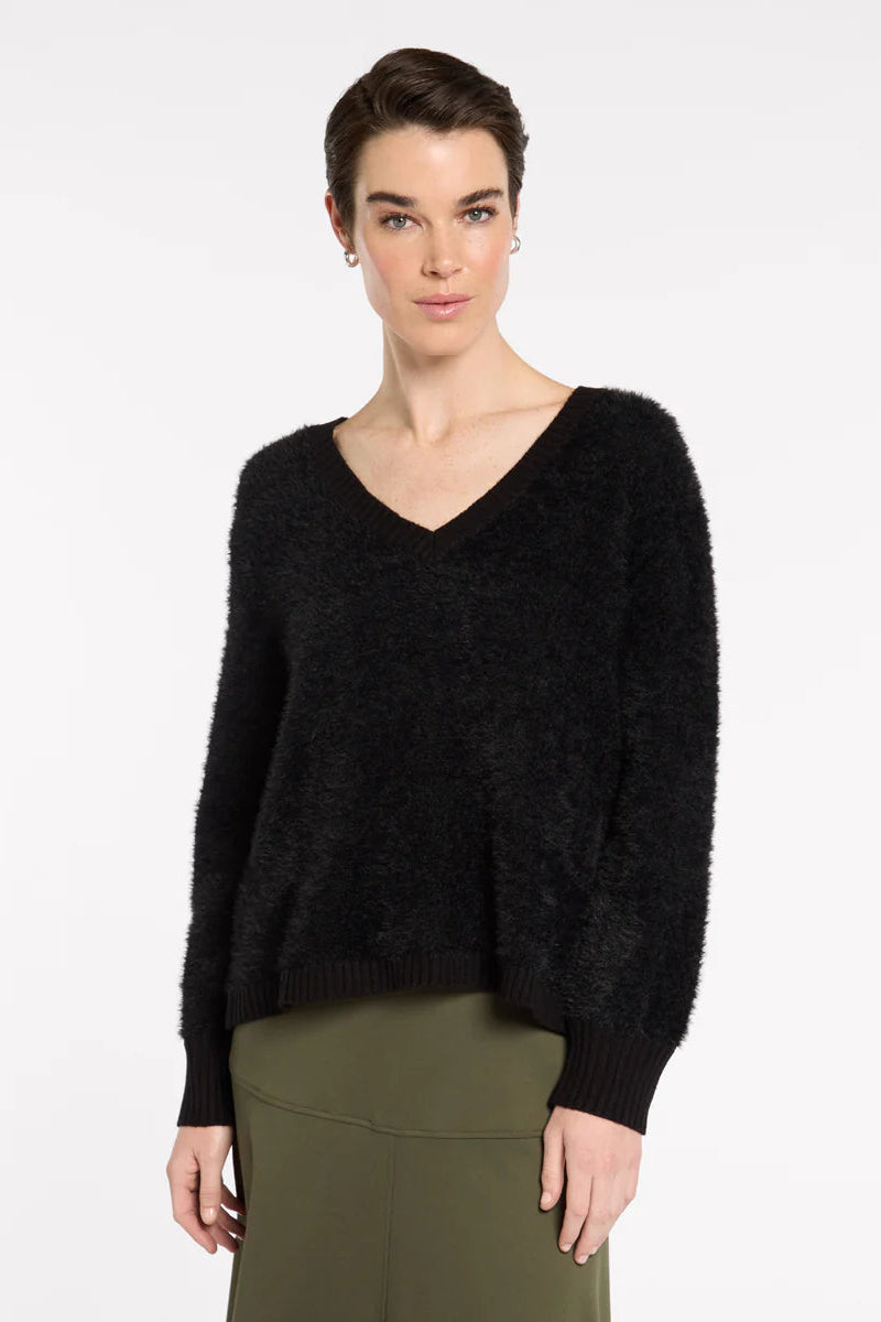 MARCO POLO FLUFFY V-NECK SWEATER - BLACK - THE VOGUE STORE