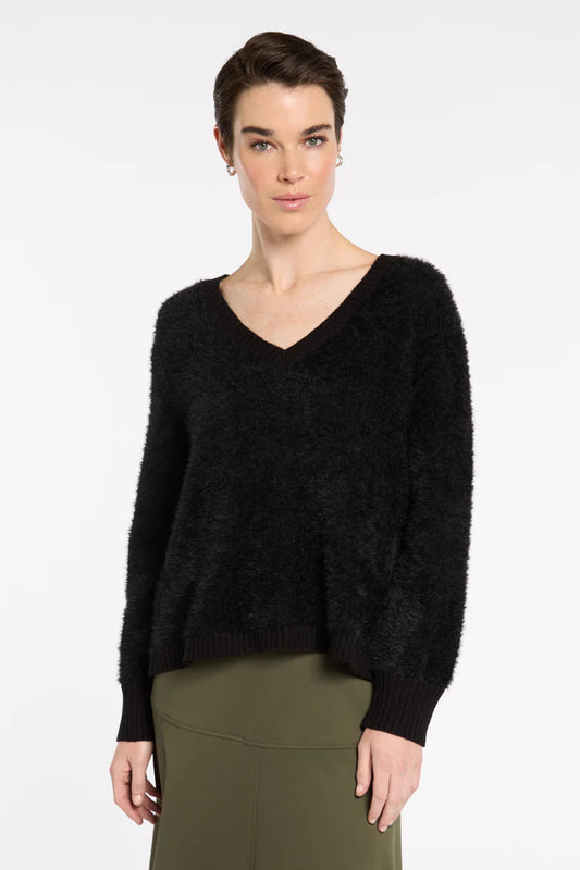 MARCO POLO FLUFFY V-NECK SWEATER - BLACK - THE VOGUE STORE