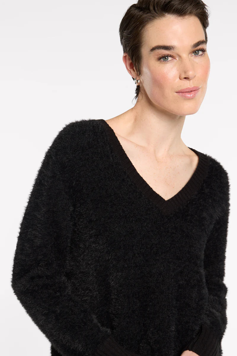 MARCO POLO FLUFFY V-NECK SWEATER - BLACK - THE VOGUE STORE