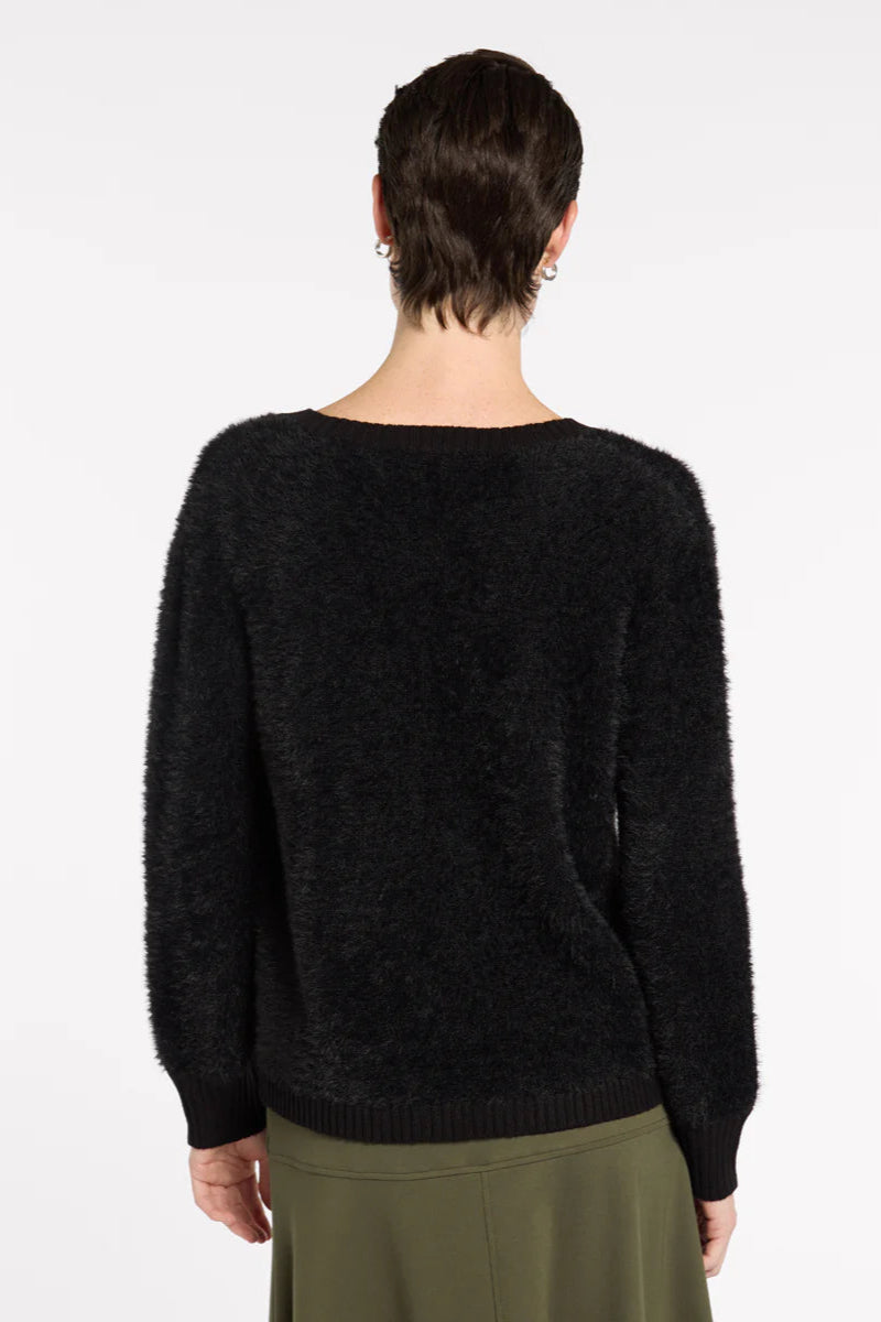 MARCO POLO FLUFFY V-NECK SWEATER - BLACK - THE VOGUE STORE